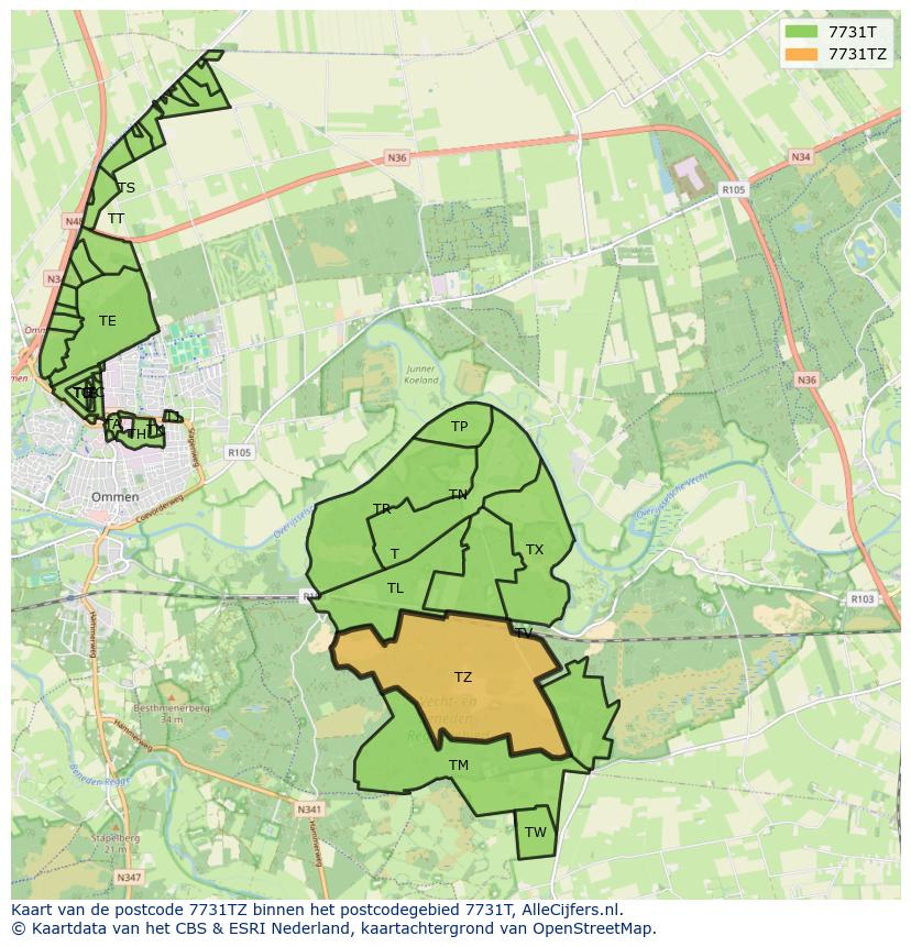 Afbeelding van het postcodegebied 7731 TZ op de kaart.