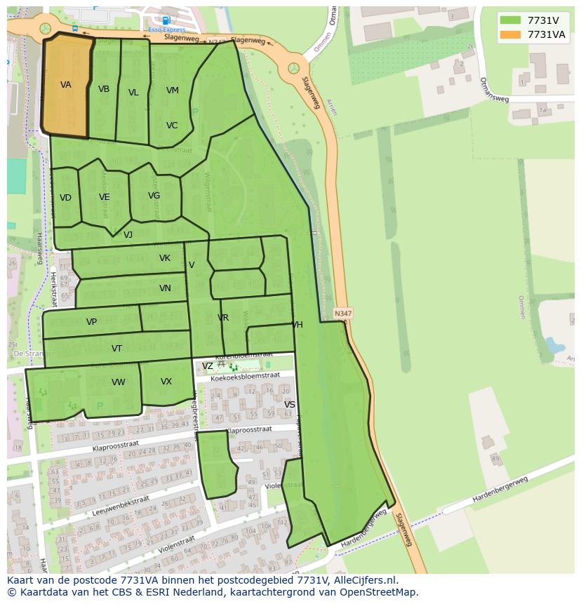 Afbeelding van het postcodegebied 7731 VA op de kaart.