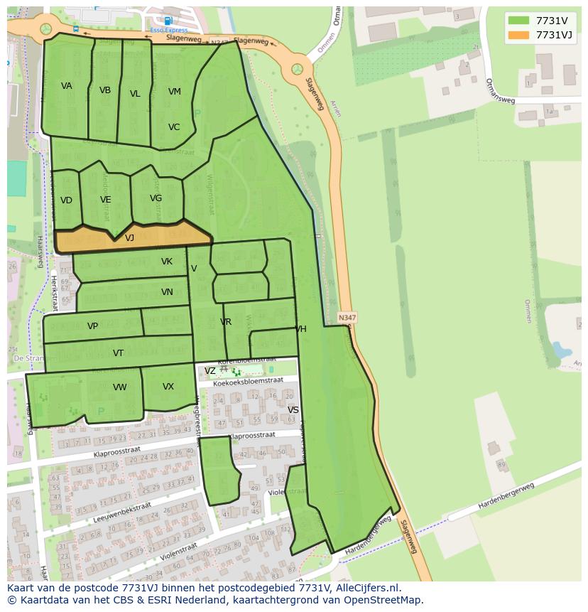 Afbeelding van het postcodegebied 7731 VJ op de kaart.