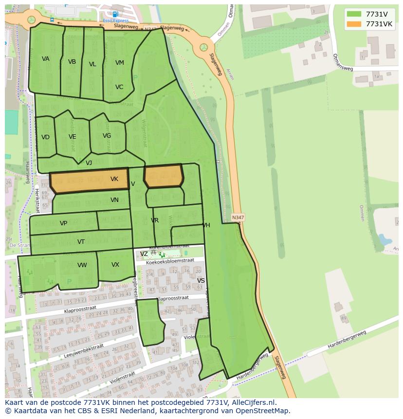 Afbeelding van het postcodegebied 7731 VK op de kaart.