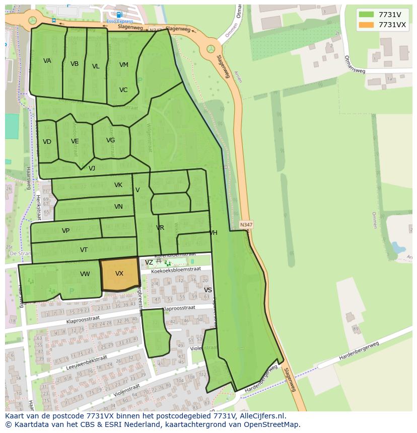Afbeelding van het postcodegebied 7731 VX op de kaart.