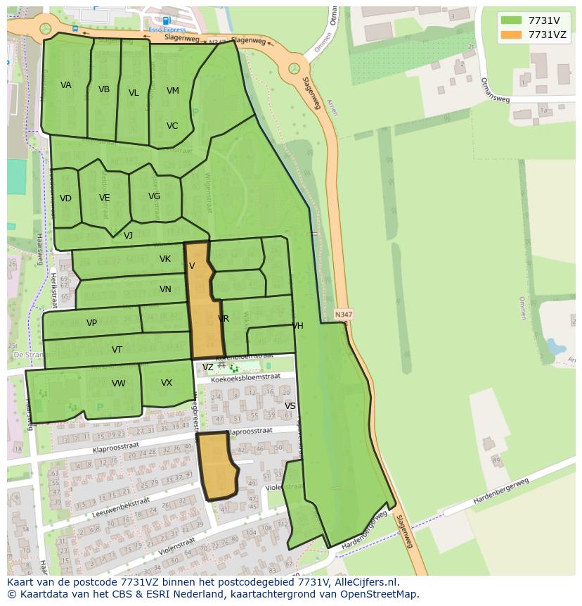Afbeelding van het postcodegebied 7731 VZ op de kaart.