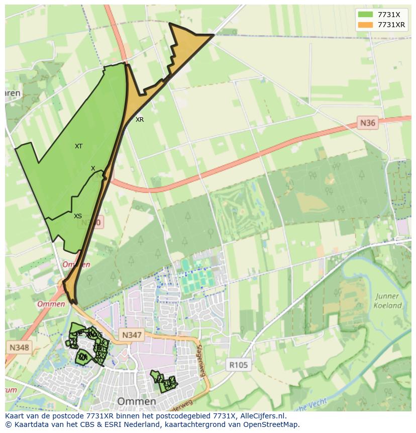 Afbeelding van het postcodegebied 7731 XR op de kaart.