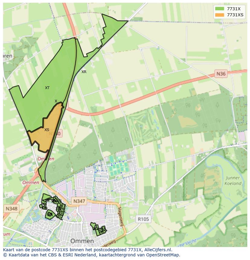 Afbeelding van het postcodegebied 7731 XS op de kaart.