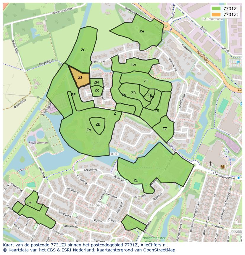 Afbeelding van het postcodegebied 7731 ZJ op de kaart.