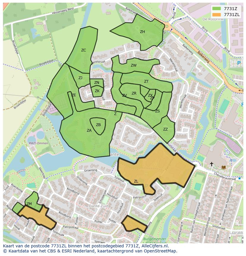 Afbeelding van het postcodegebied 7731 ZL op de kaart.