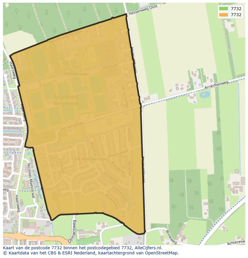 Afbeelding van het postcodegebied 7732 op de kaart.
