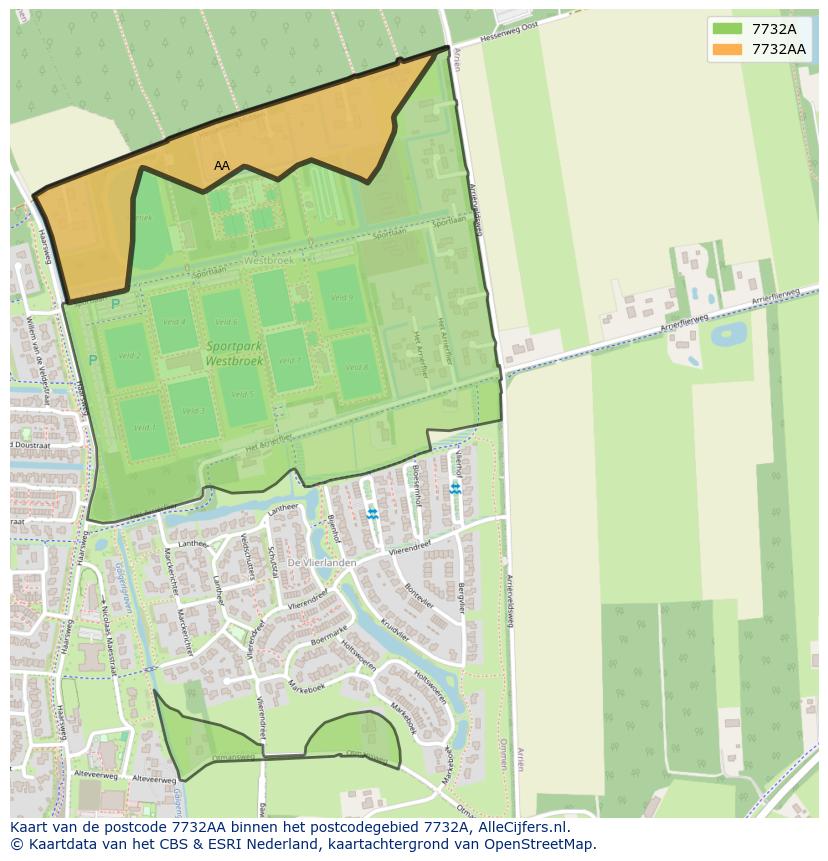 Afbeelding van het postcodegebied 7732 AA op de kaart.