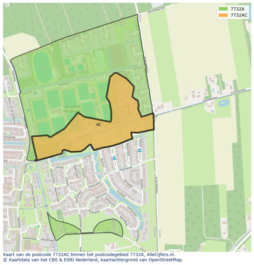 Afbeelding van het postcodegebied 7732 AC op de kaart.