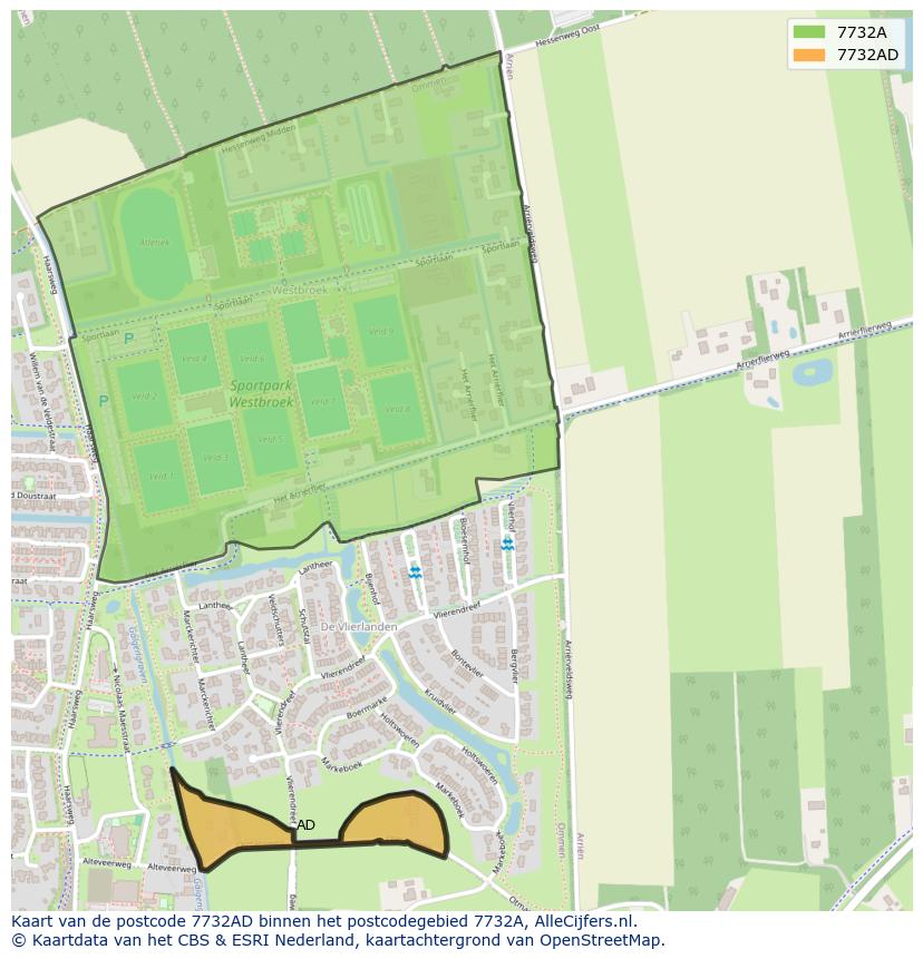 Afbeelding van het postcodegebied 7732 AD op de kaart.