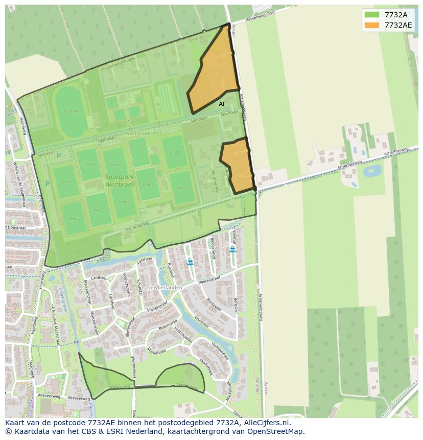 Afbeelding van het postcodegebied 7732 AE op de kaart.