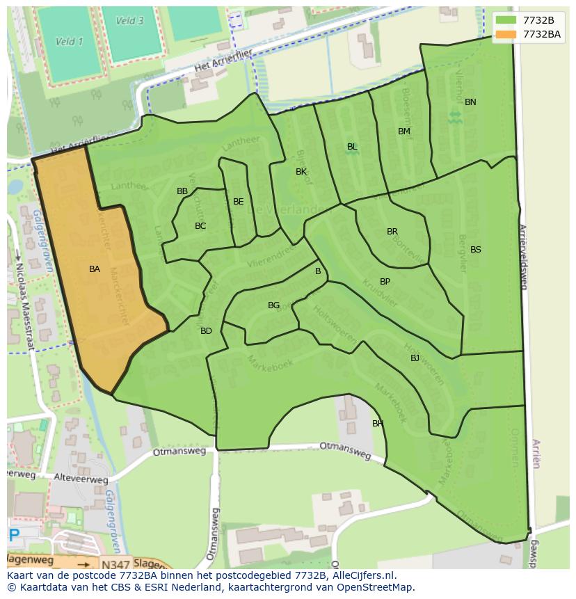 Afbeelding van het postcodegebied 7732 BA op de kaart.