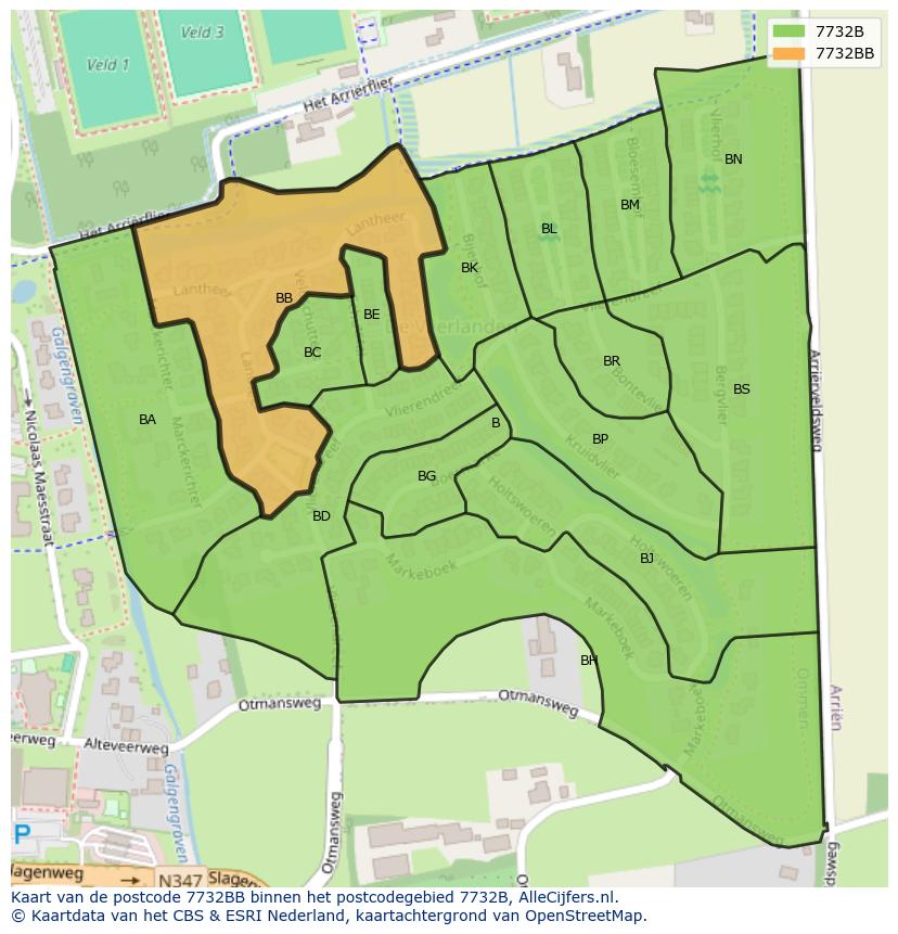 Afbeelding van het postcodegebied 7732 BB op de kaart.