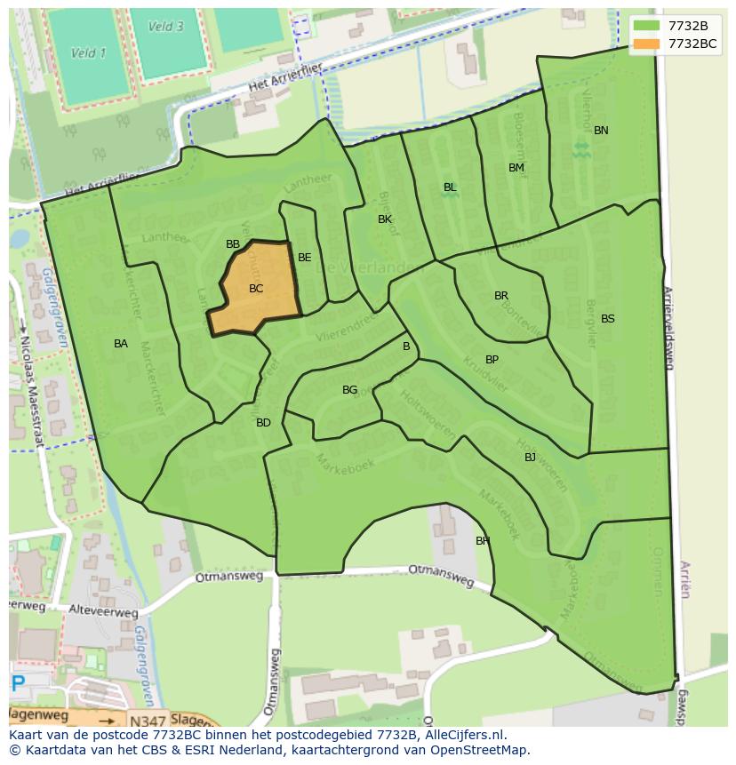 Afbeelding van het postcodegebied 7732 BC op de kaart.