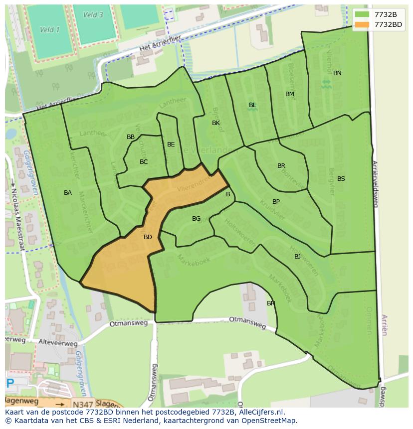 Afbeelding van het postcodegebied 7732 BD op de kaart.