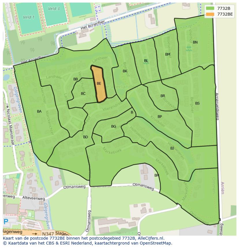 Afbeelding van het postcodegebied 7732 BE op de kaart.