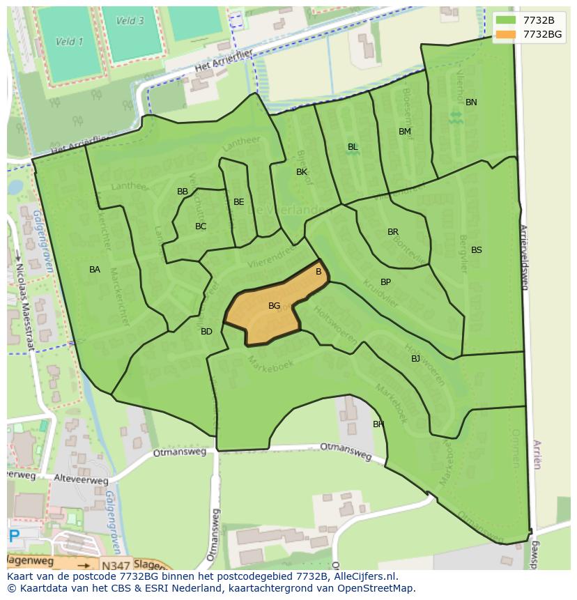 Afbeelding van het postcodegebied 7732 BG op de kaart.