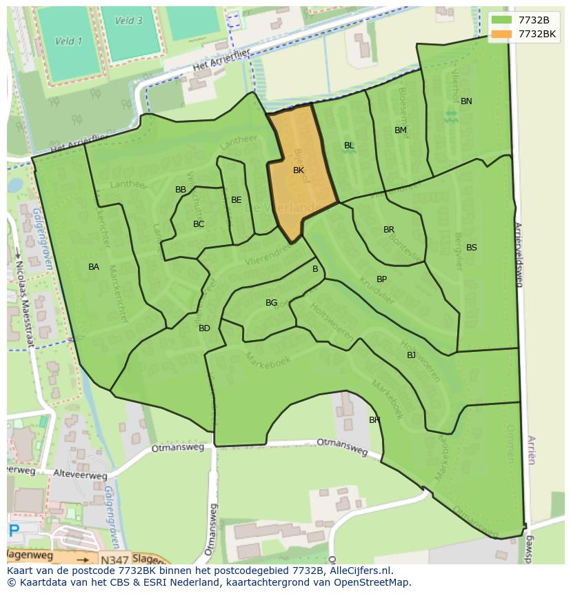 Afbeelding van het postcodegebied 7732 BK op de kaart.