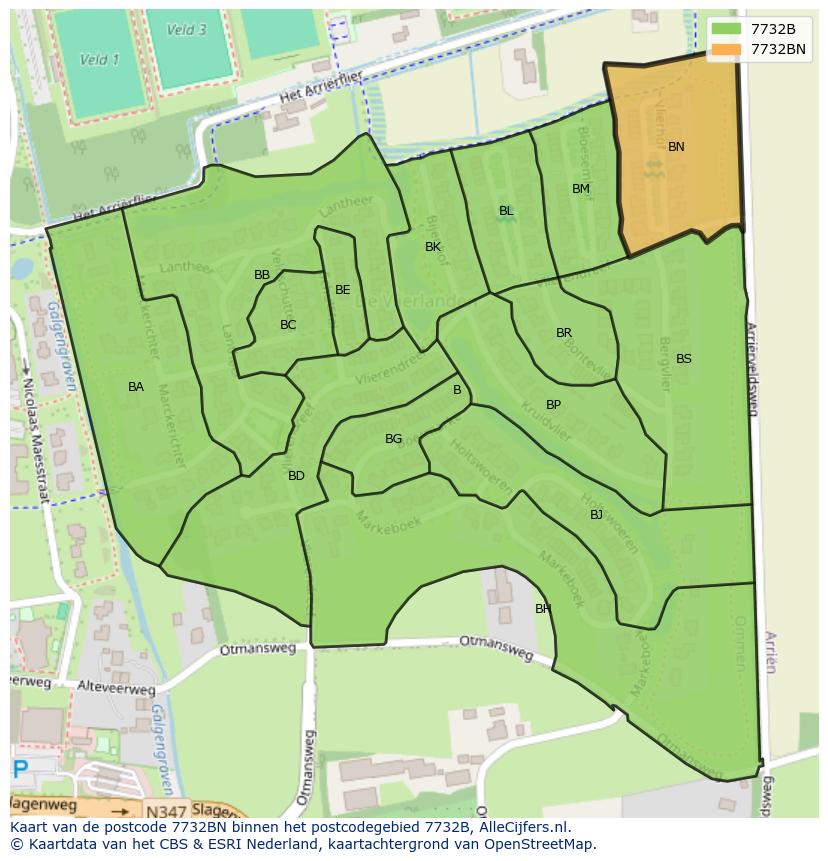 Afbeelding van het postcodegebied 7732 BN op de kaart.