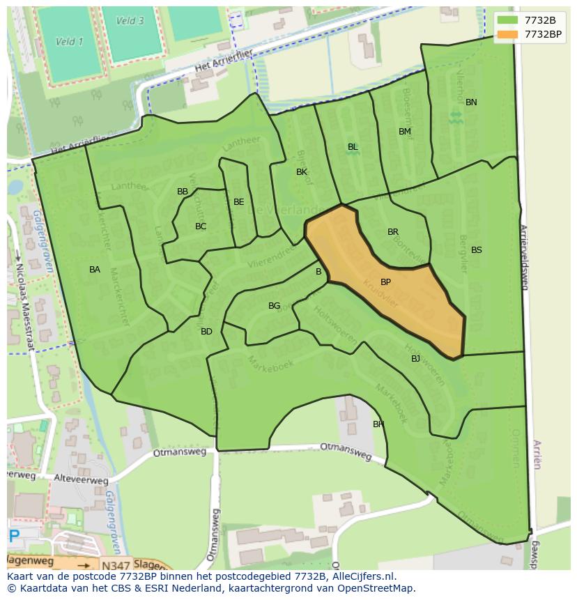 Afbeelding van het postcodegebied 7732 BP op de kaart.
