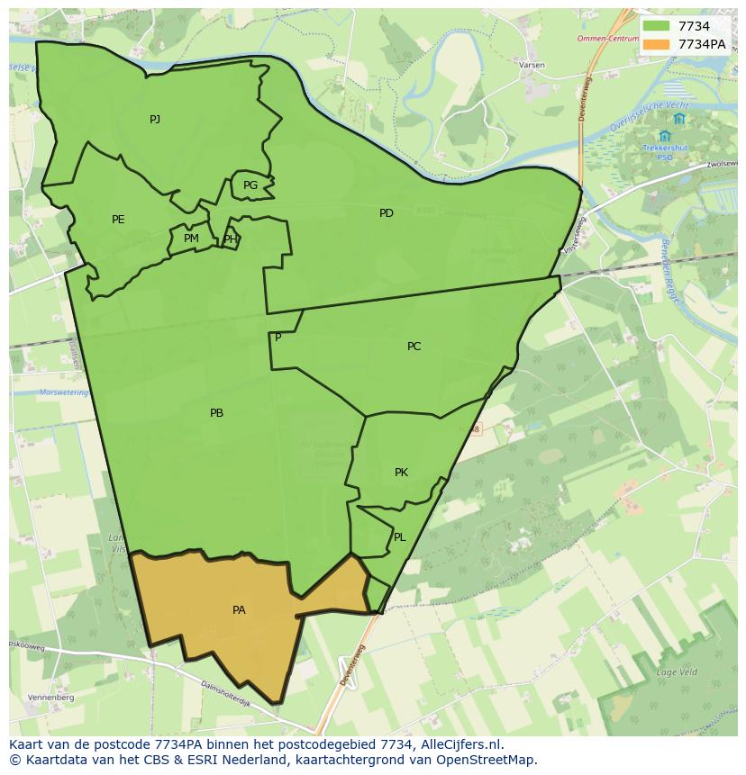 Afbeelding van het postcodegebied 7734 PA op de kaart.