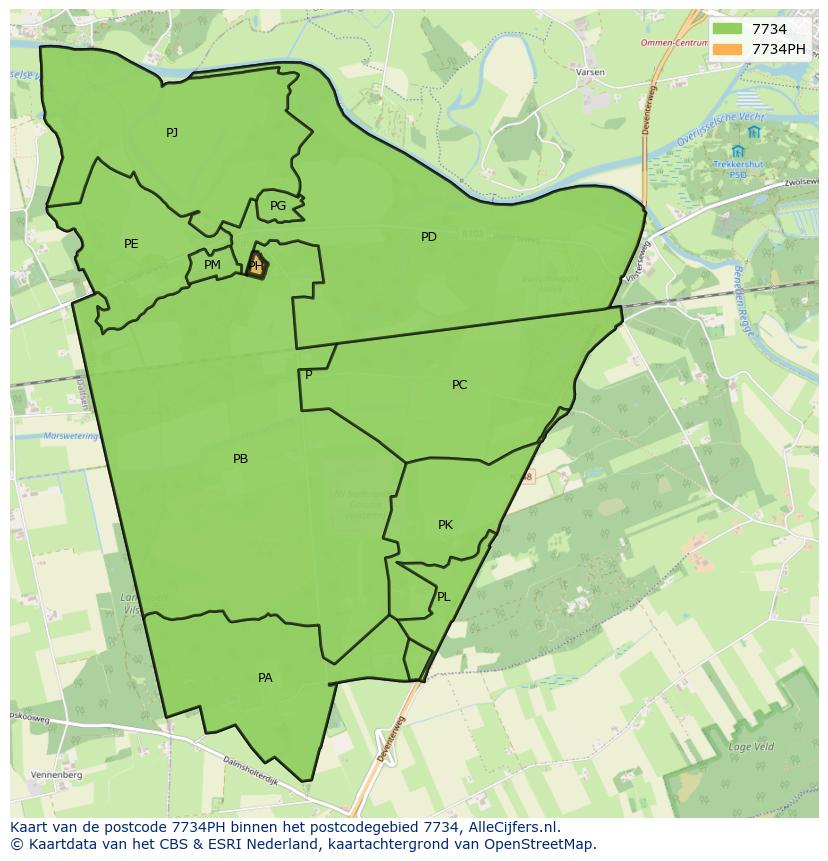 Afbeelding van het postcodegebied 7734 PH op de kaart.