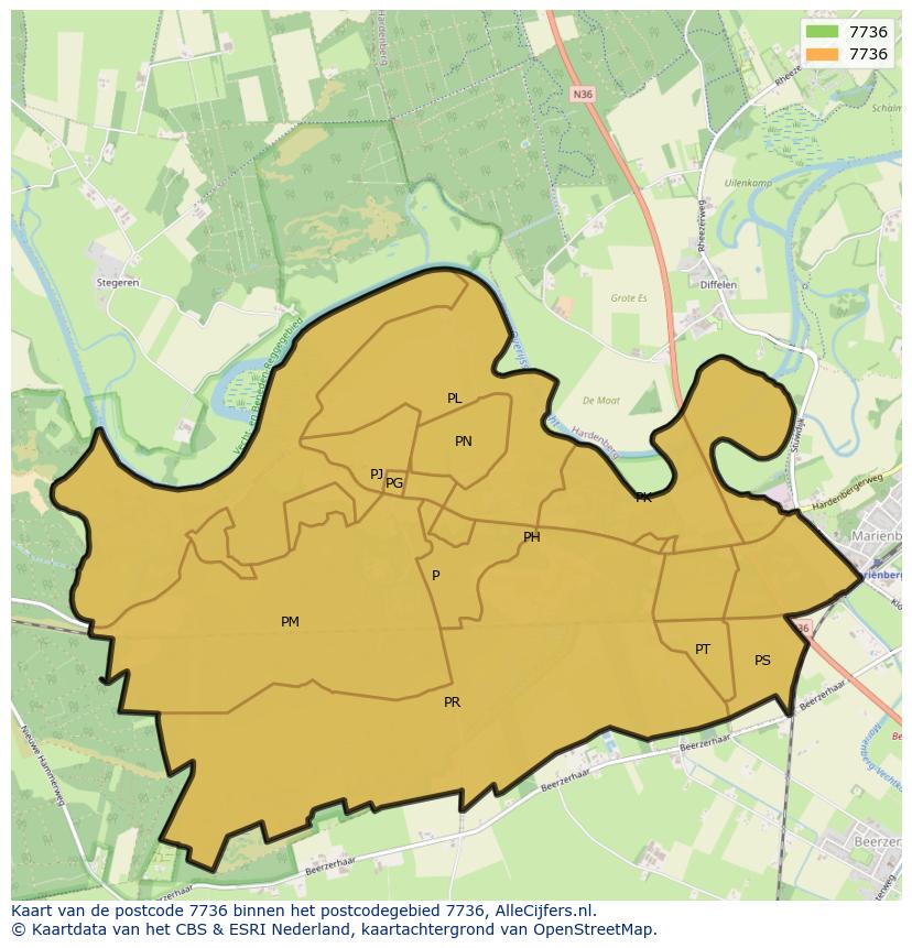 Afbeelding van het postcodegebied 7736 op de kaart.
