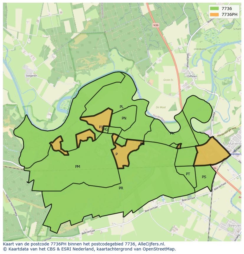 Afbeelding van het postcodegebied 7736 PH op de kaart.