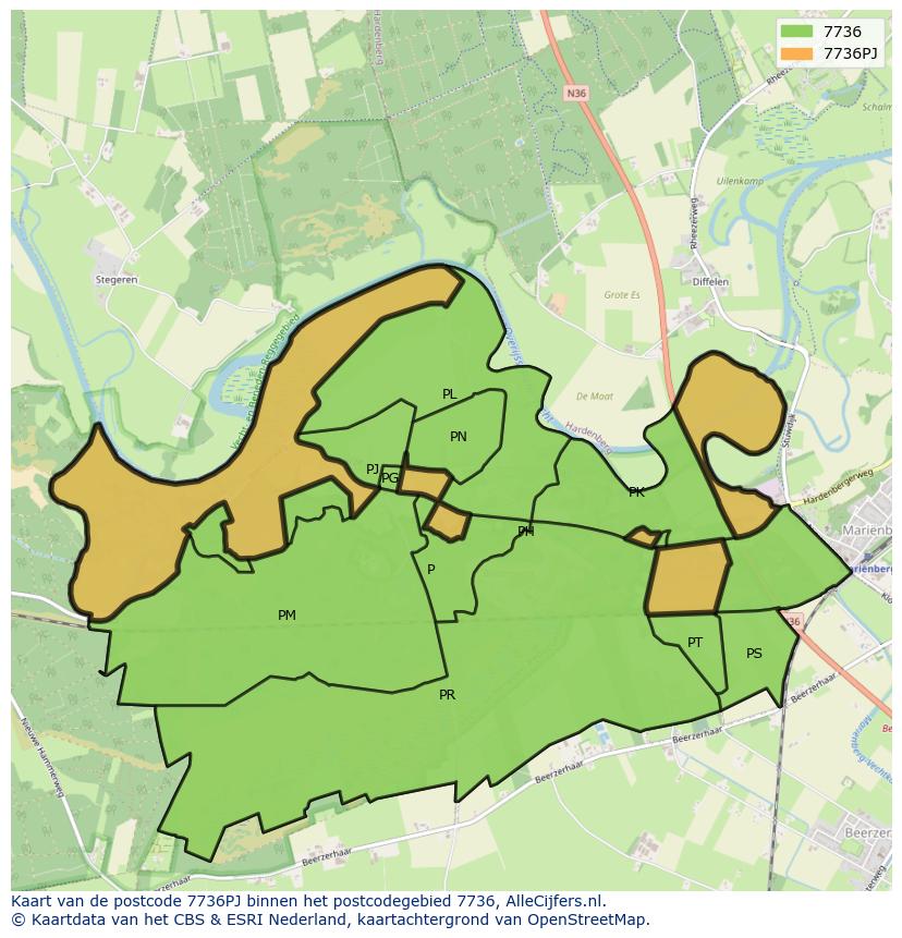 Afbeelding van het postcodegebied 7736 PJ op de kaart.