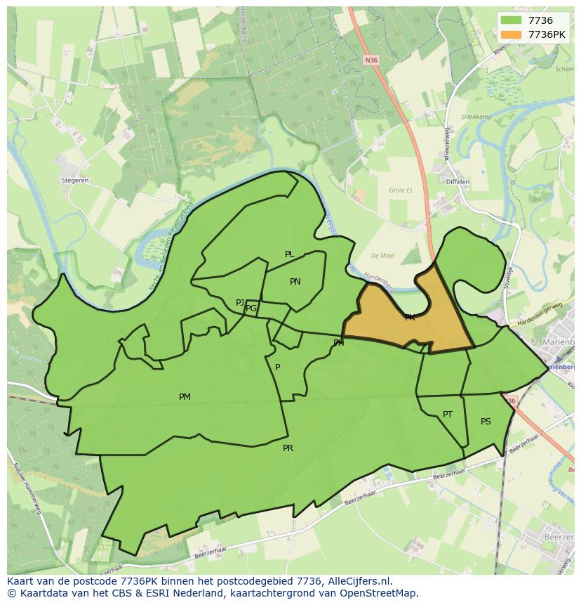 Afbeelding van het postcodegebied 7736 PK op de kaart.