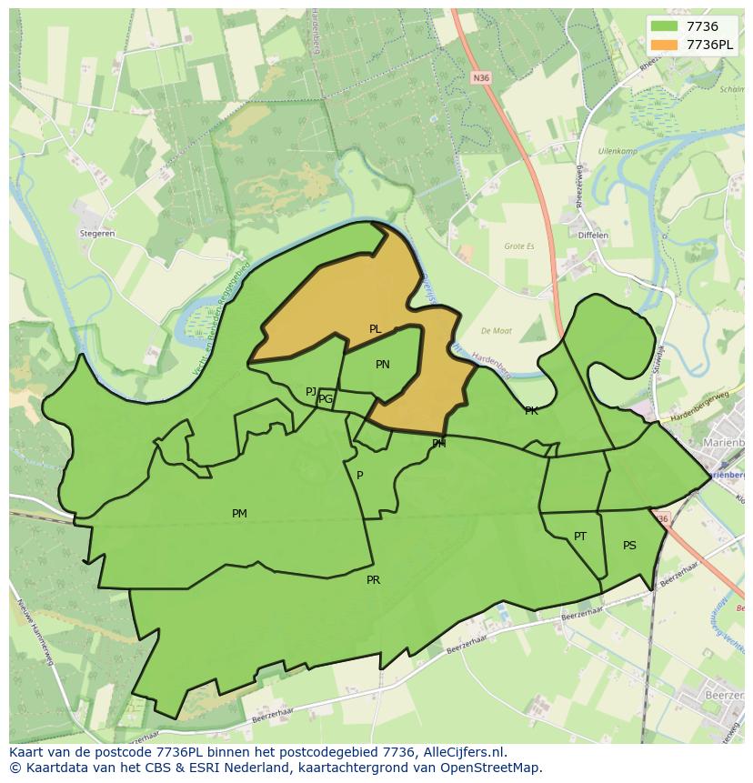 Afbeelding van het postcodegebied 7736 PL op de kaart.