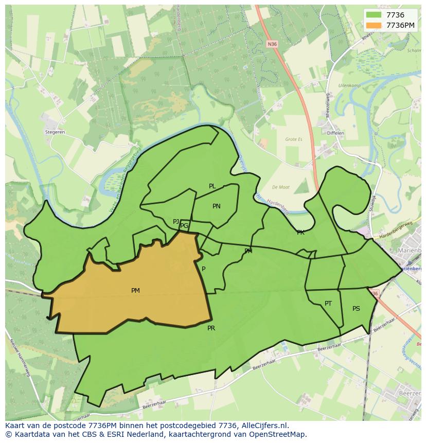 Afbeelding van het postcodegebied 7736 PM op de kaart.