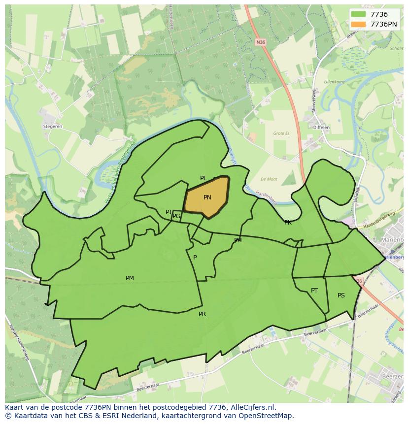 Afbeelding van het postcodegebied 7736 PN op de kaart.
