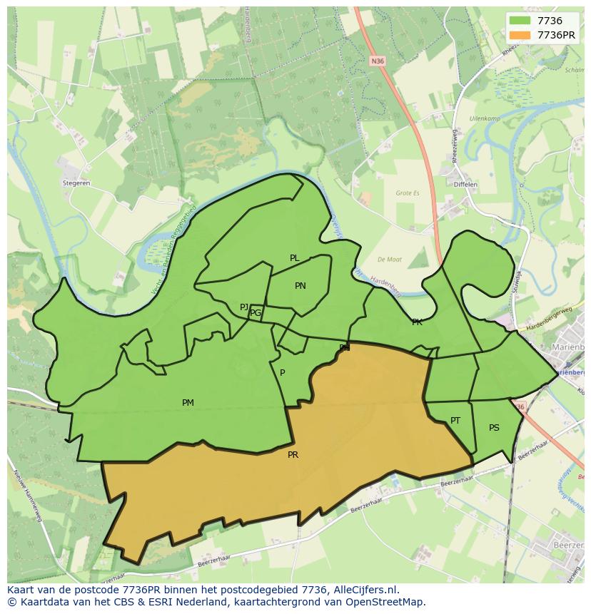 Afbeelding van het postcodegebied 7736 PR op de kaart.