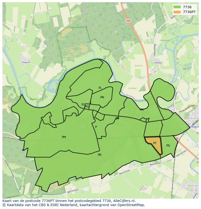 Afbeelding van het postcodegebied 7736 PT op de kaart.