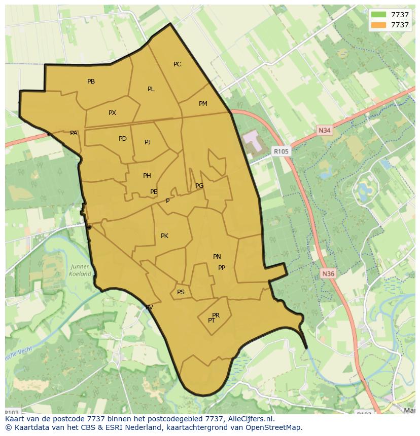 Afbeelding van het postcodegebied 7737 op de kaart.