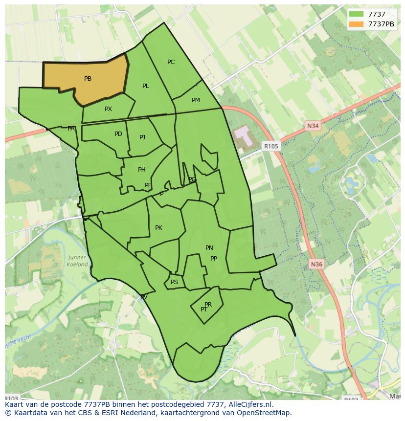 Afbeelding van het postcodegebied 7737 PB op de kaart.