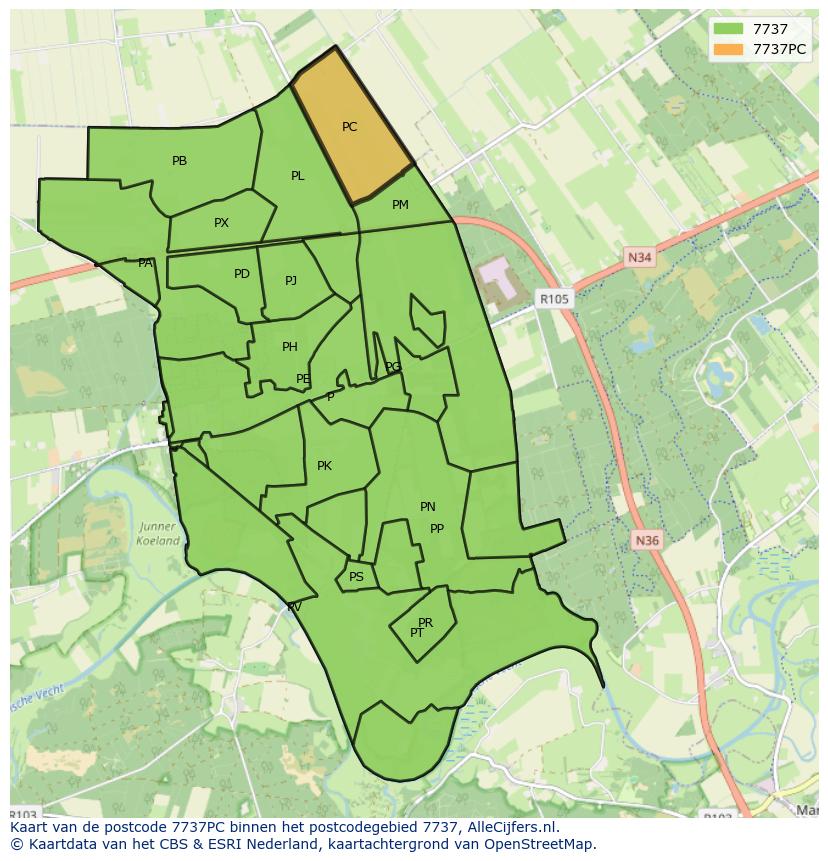Afbeelding van het postcodegebied 7737 PC op de kaart.