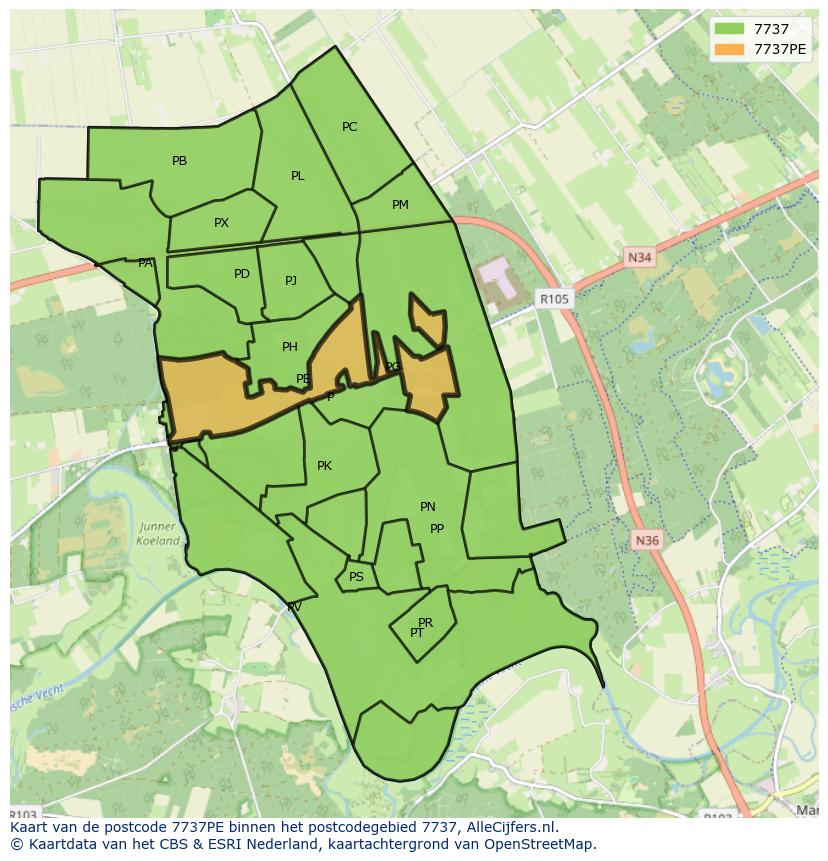 Afbeelding van het postcodegebied 7737 PE op de kaart.