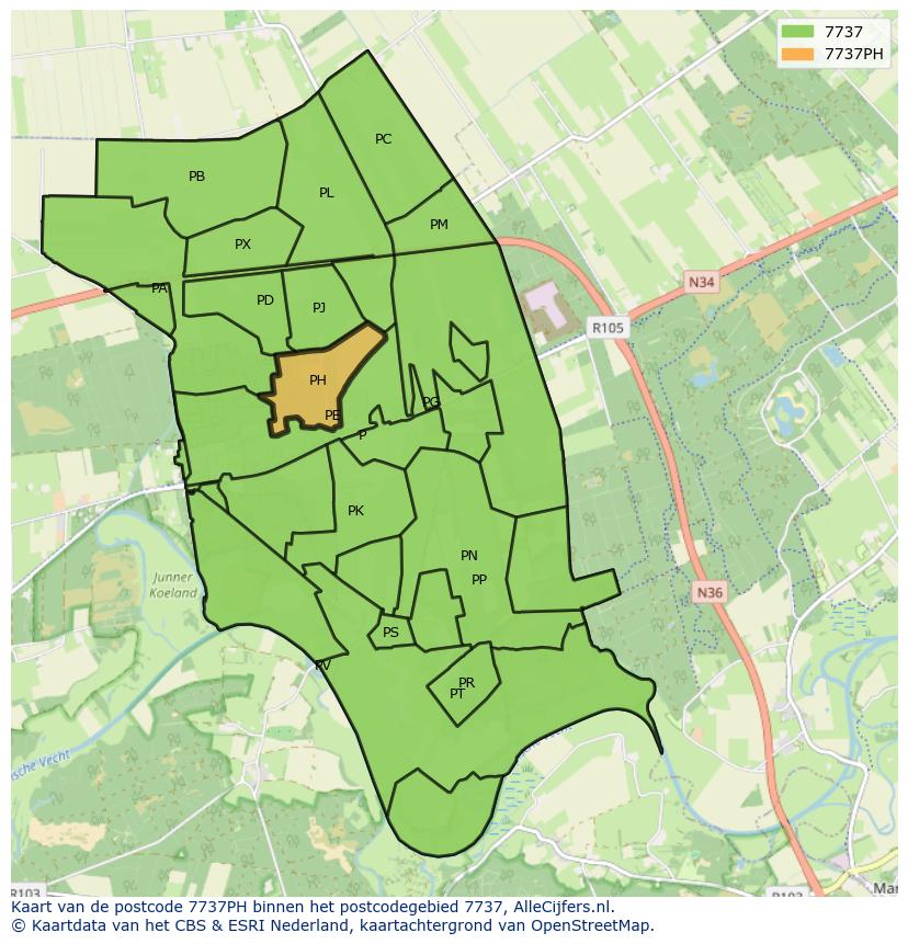 Afbeelding van het postcodegebied 7737 PH op de kaart.