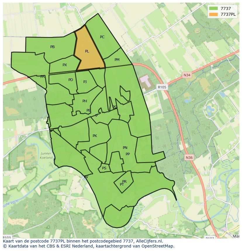 Afbeelding van het postcodegebied 7737 PL op de kaart.