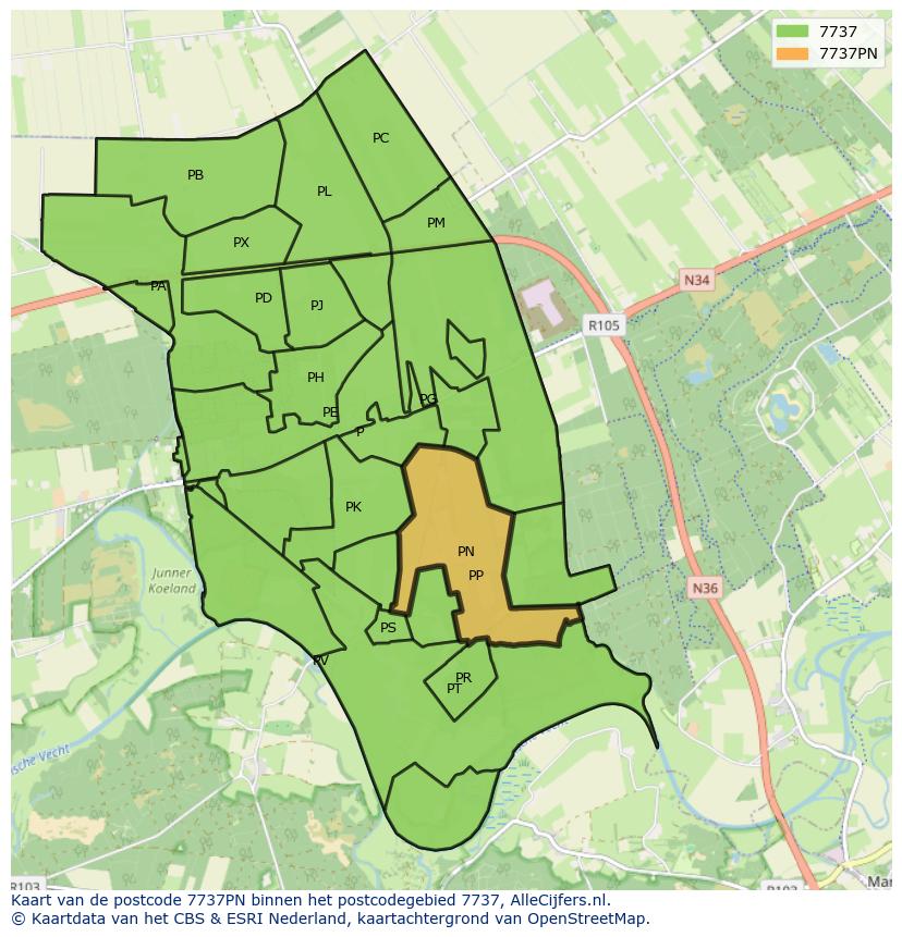 Afbeelding van het postcodegebied 7737 PN op de kaart.