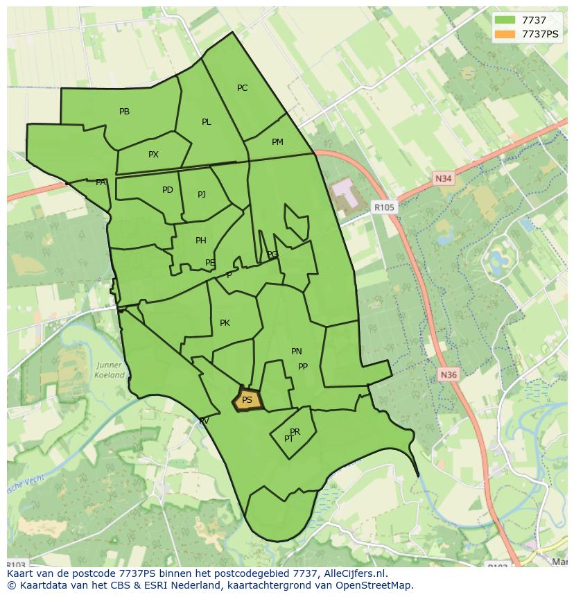 Afbeelding van het postcodegebied 7737 PS op de kaart.