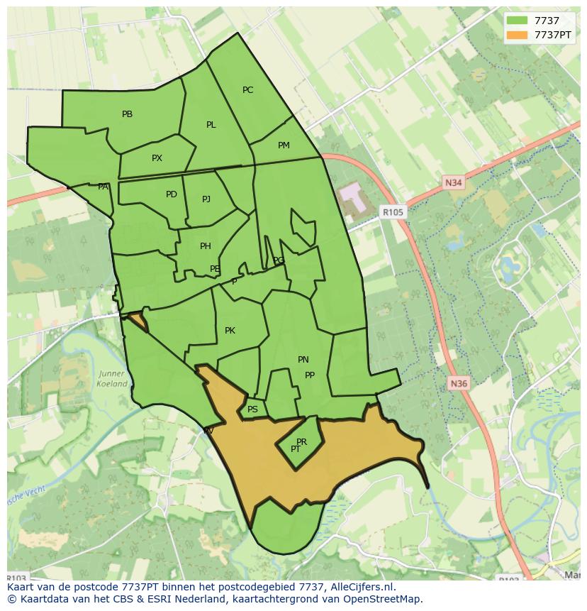 Afbeelding van het postcodegebied 7737 PT op de kaart.