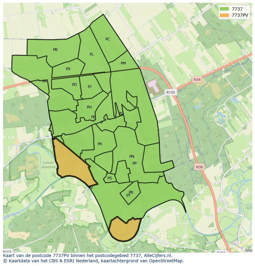 Afbeelding van het postcodegebied 7737 PV op de kaart.