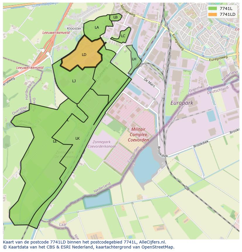 Afbeelding van het postcodegebied 7741 LD op de kaart.