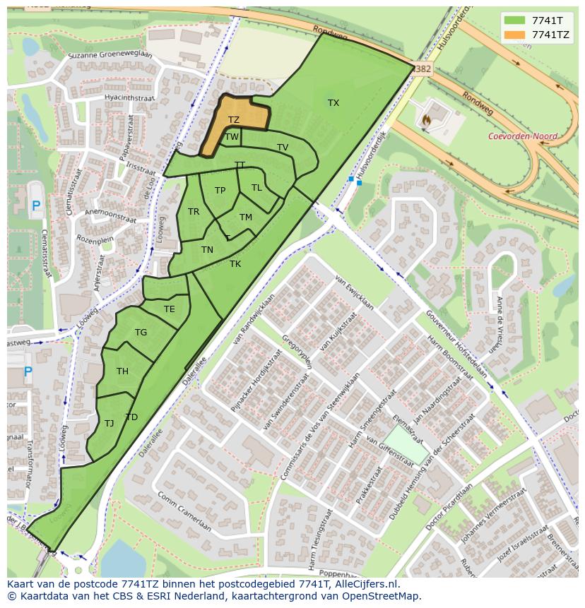 Afbeelding van het postcodegebied 7741 TZ op de kaart.