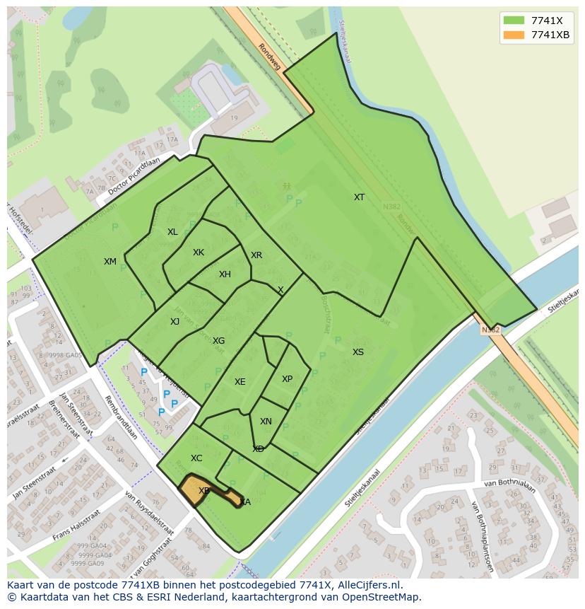 Afbeelding van het postcodegebied 7741 XB op de kaart.
