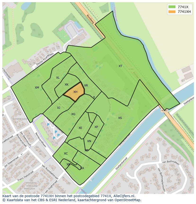 Afbeelding van het postcodegebied 7741 XH op de kaart.