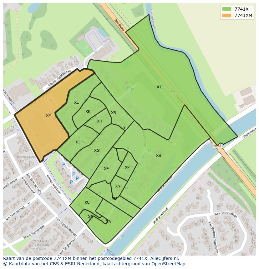 Afbeelding van het postcodegebied 7741 XM op de kaart.
